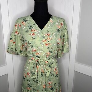 Yesfashion Maxi Dress Womens 3XL Green Floral Elastic Waist Tiered Belted NWT